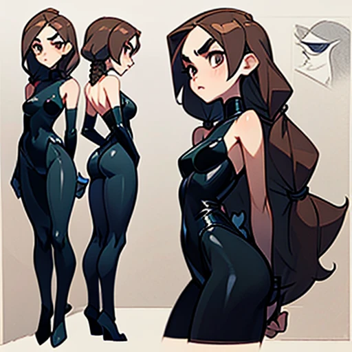 A girl with large, expressive dark brown eyes, thick, arched eyebrows, light brown skin with a warm tone, long, dark hair, usually straight or with soft waves and 2 long braids on the sides, oval face with prominent cheekbones, full, curved lips, straight nose in proportion to the face
-with a body with a narrow, defined waist, slightly narrow, proportionate shoulders, long, thin legs, toned, thin arms, small to moderate breasts, slightly curved, wide hips
Dressed in black erotic latex Bunny suit and with Elements of addams family movies
(((character sheet))) ((various views)) ((front and back) (full body)