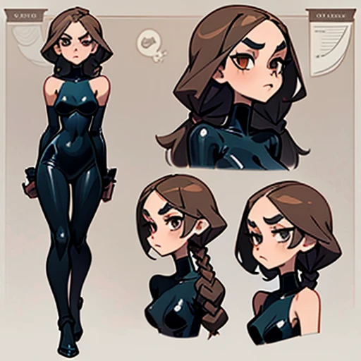 A girl with large, expressive dark brown eyes, thick, arched eyebrows, light brown skin with a warm tone, long, dark hair, usually straight or with soft waves and 2 long braids on the sides, oval face with prominent cheekbones, full, curved lips, straight nose in proportion to the face
-with a body with a narrow, defined waist, slightly narrow, proportionate shoulders, long, thin legs, toned, thin arms, small to moderate breasts, slightly curved, wide hips
Dressed in black erotic latex Bunny suit and with Elements of addams family movies
(((character sheet))) ((various views)) ((front and back) (full body)