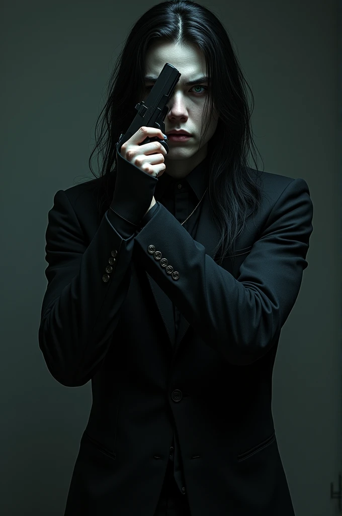 A pretty male with long black hair, with long lashes and teal blue eyes, dressed entirely in gothic black clothes. His skin is white and pale like a vampire, holding a gun to his own head while smirking.