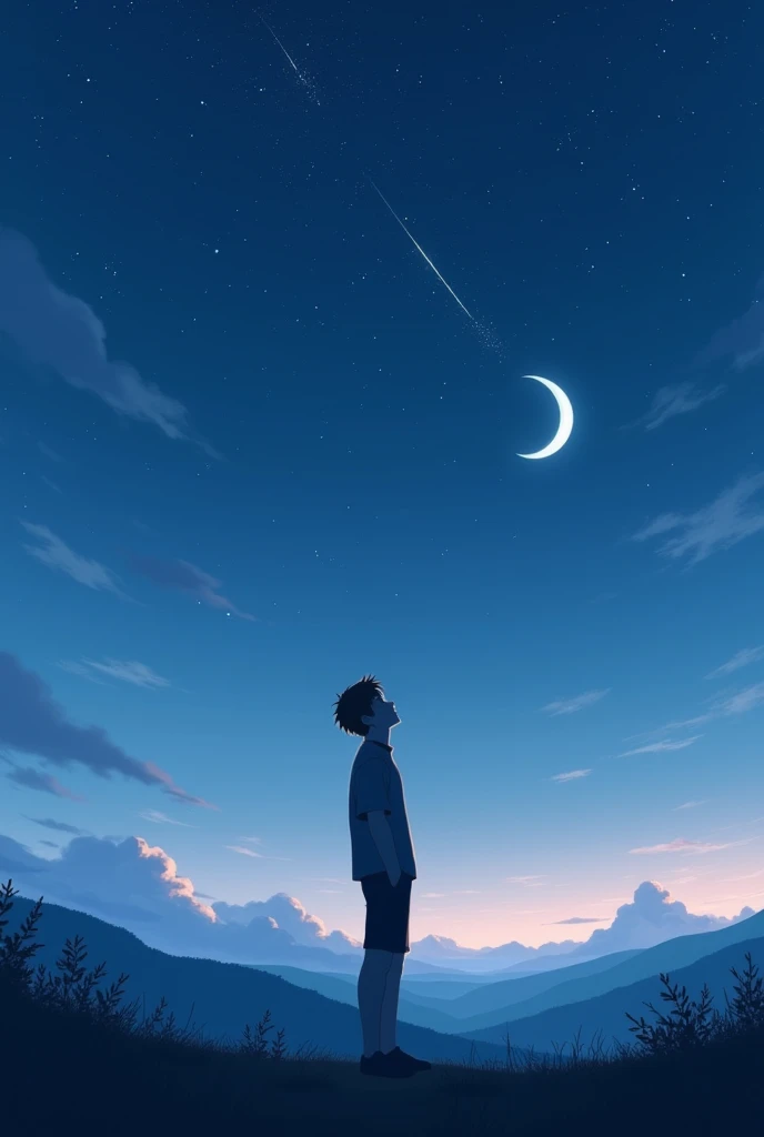 Draw in anime a man watching a shooting star pass by in the night sky and in the distance the moon appears to make it look like it's nighttime, around one in the morning