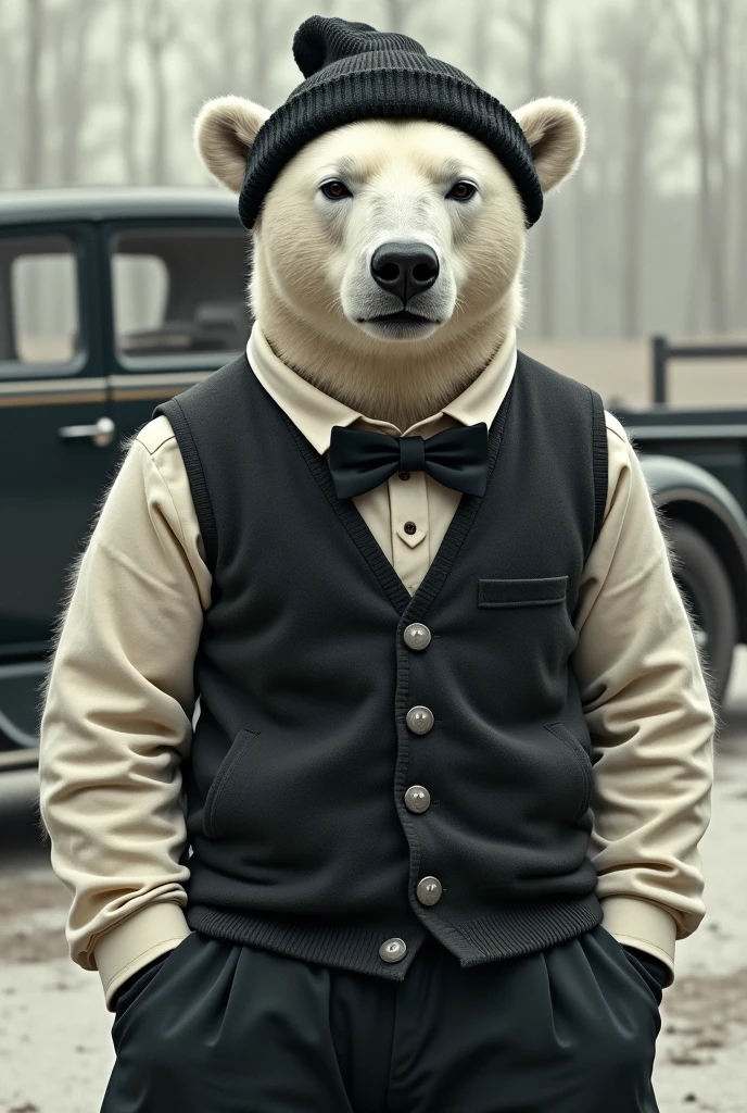 (photorealism:1.2), Polar Bear, wearing black beanie, a waistcoat, sweatpants and a bowtie, 1920 car