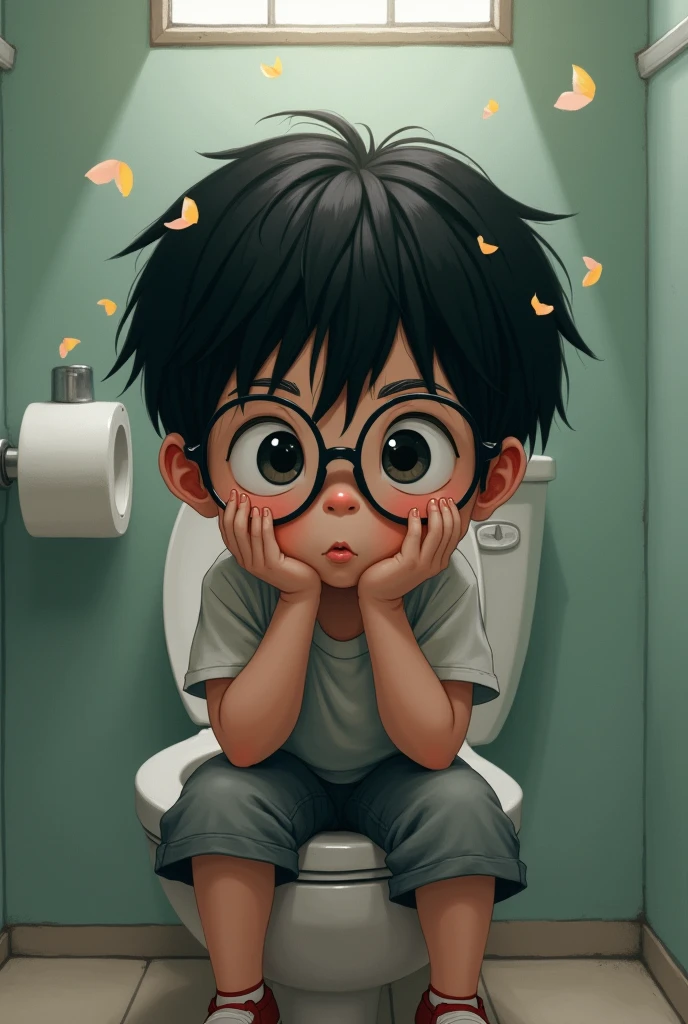 A head of a child with glasses, black hair on a toilet