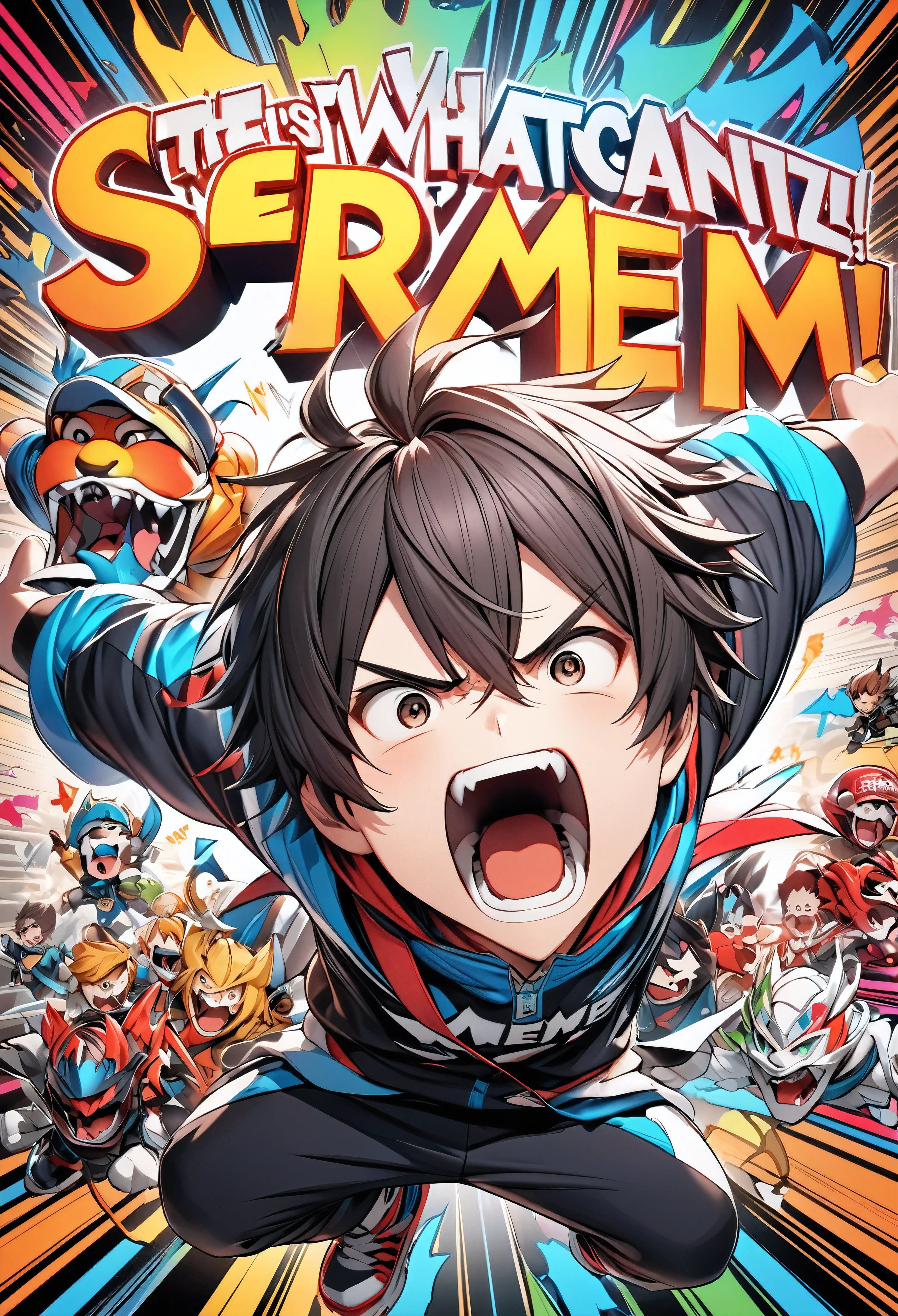 Attractive male athlete screaming！, Voices that materialize, (text:What is meme~!?), Extruded into line art, 3D Characters, Words are output as text, Character Front, Vivid full-color CG, Communicate the screams of your subjects, multicolor. Illustration, (text:What is meme~!?) The letters are coming closer! Powerful characters, 