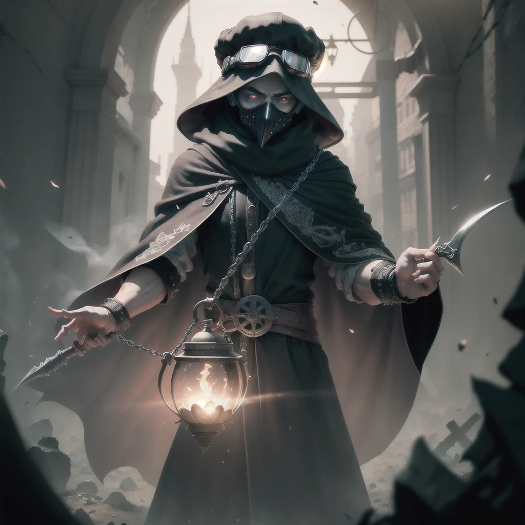 (masterpiece, Best quality), a high resolution, (permission 8k), center, (Ultra detailed), mad god, One, plague doctor, Goggles, Cap with brim, chain, black veil, cloak, beak mask, Volumetric lighting:1.1, darkness, (detail: 1.2), Sharp Focus, particles floating, (depth of field), high quality, Fujifilm 85mm, Ruin, landscape, extremely detailed background, a nightmare, 8 K, difficult, Grab, sickle with a long handle, Long fingers, long nails,