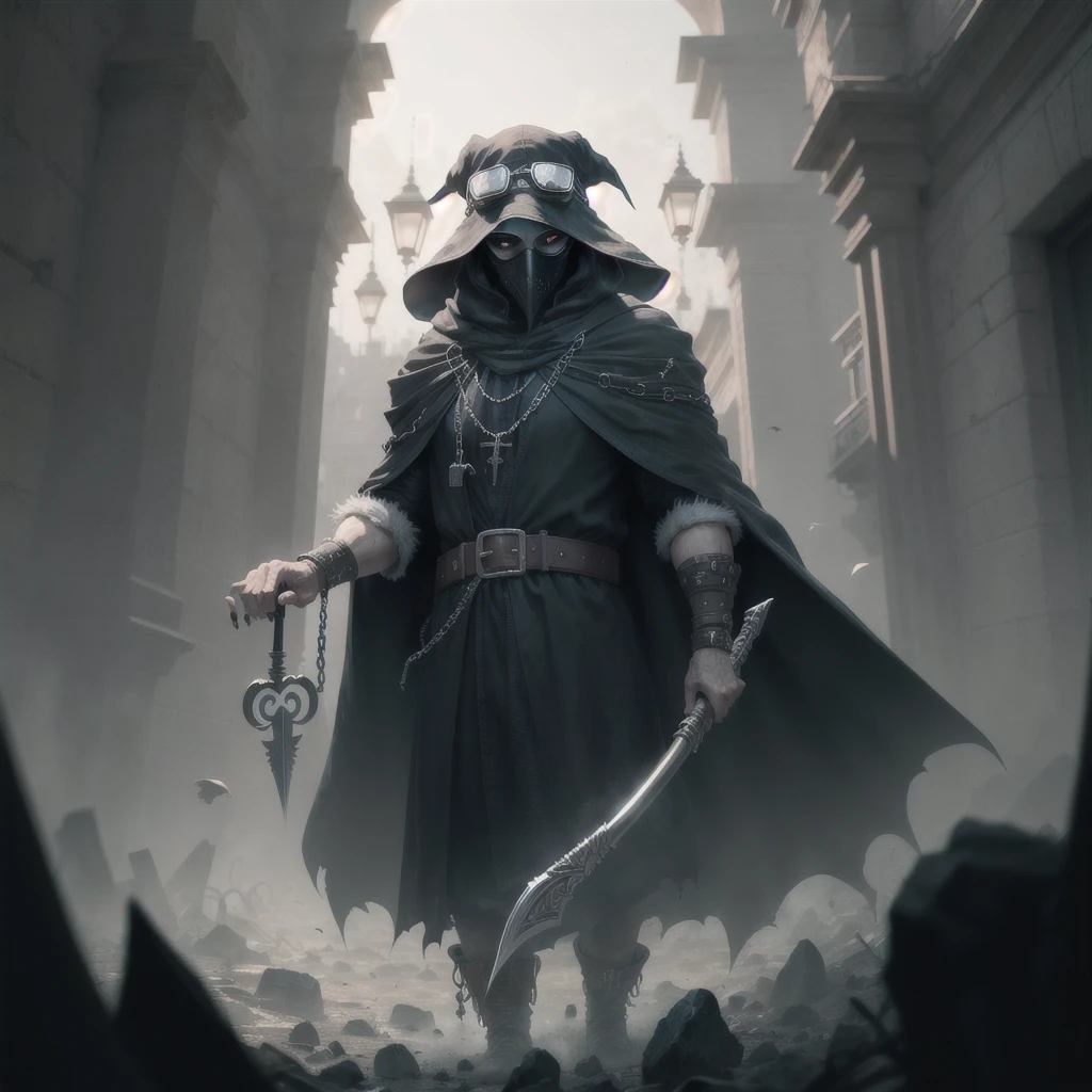 (masterpiece, Best quality), a high resolution, (permission 8k), center, (Ultra detailed), mad god, One, plague doctor, Goggles, Cap with brim, chain, black veil, cloak, beak mask, Volumetric lighting:1.1, darkness, (detail: 1.2), Sharp Focus, particles floating, (depth of field), high quality, Fujifilm 85mm, Ruin, landscape, extremely detailed background, a nightmare, 8 K, difficult, Grab, sickle with a long handle, Long fingers, long nails,