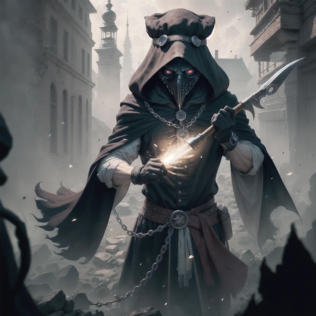 (masterpiece, Best quality), a high resolution, (permission 8k), center, (Ultra detailed), mad god, One, plague doctor, Goggles, Cap with brim, chain, black veil, cloak, beak mask, Volumetric lighting:1.1, darkness, (detail: 1.2), Sharp Focus, particles floating, (depth of field), high quality, Fujifilm 85mm, Ruin, landscape, extremely detailed background, a nightmare, 8 K, difficult, Grab, sickle with a long handle, Long fingers, long nails,