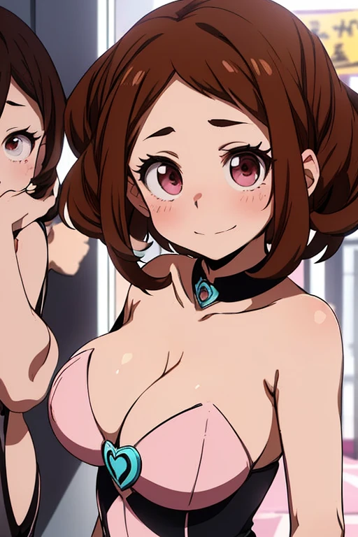 (Ochaco uraraka),(is a short girl with a curvy figure, fair skin and curly hair with eyes that match in color. She has perpetual pink blush on her cheeks, and her eyes are large and round with thick upper lashes, two more extended and more prominent on both sides and fewer, but more individually pronounced lower lashes. Her hair is shoulder-length with short bangs, and the style is balanced with two long strands framing her face),(Wearing),+,(a sexy bunny outfit that consisted of a larger black strapless one heart decots and showing feathers and super sexy and tight arms)