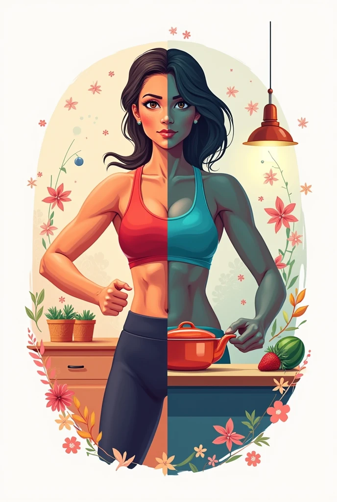 Logo for Instagram account, woman doing exercises, the other half the woman cooking, uses color psychology to make it more attractive to people, that draws attention,vector, Digital art