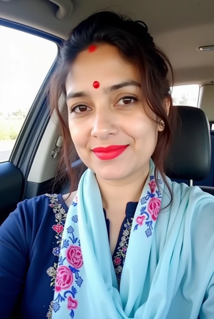 "A woman sitting in a car, captured in a selfie-style photo. She has a calm expression with a subtle smile. She wears a dark blue embroidered outfit paired with a light blue scarf that has a floral pattern with pink and blue accents. Her hair is slightly tousled, with some strands falling gently around her face. She has a red bindi on her forehead and is wearing a bright red lipstick. The background shows the interior of the car, with light streaming through the window."
.