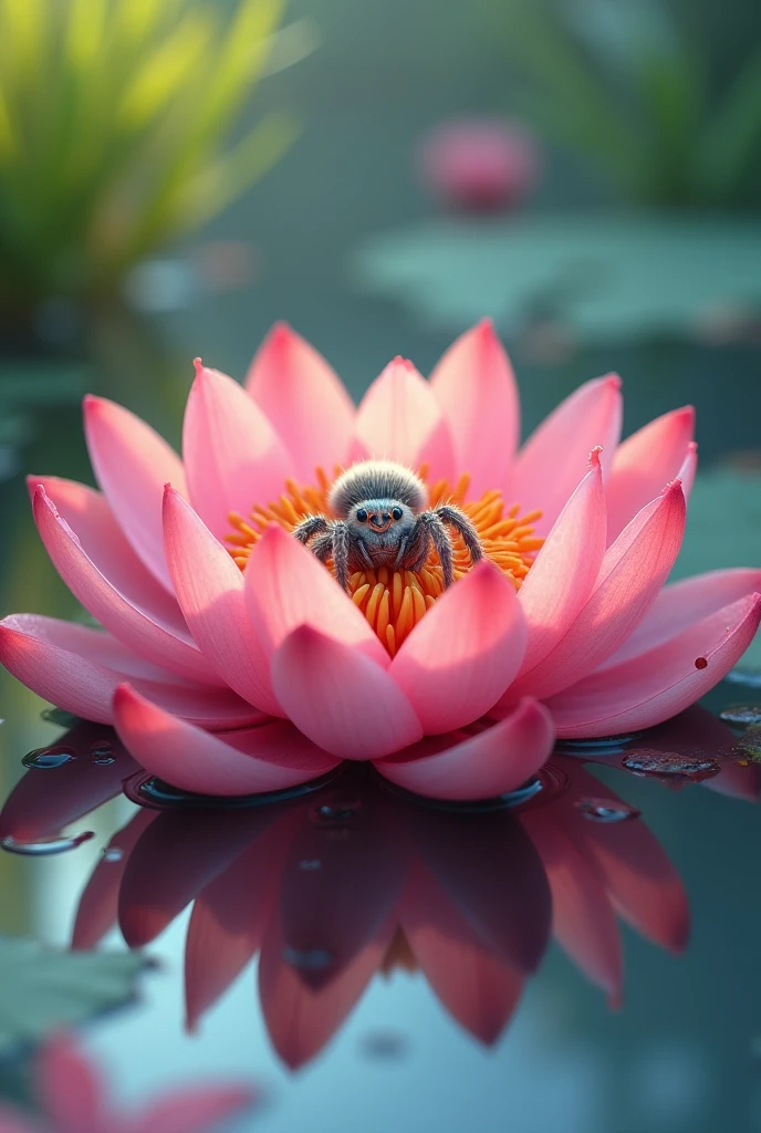 can you make a picture of big spider above the water lily or on the water lily make it more usable as a cellphone wallpaper, make it small spider and cute and make the pink water lily bigger than the spider, make it look cool spider