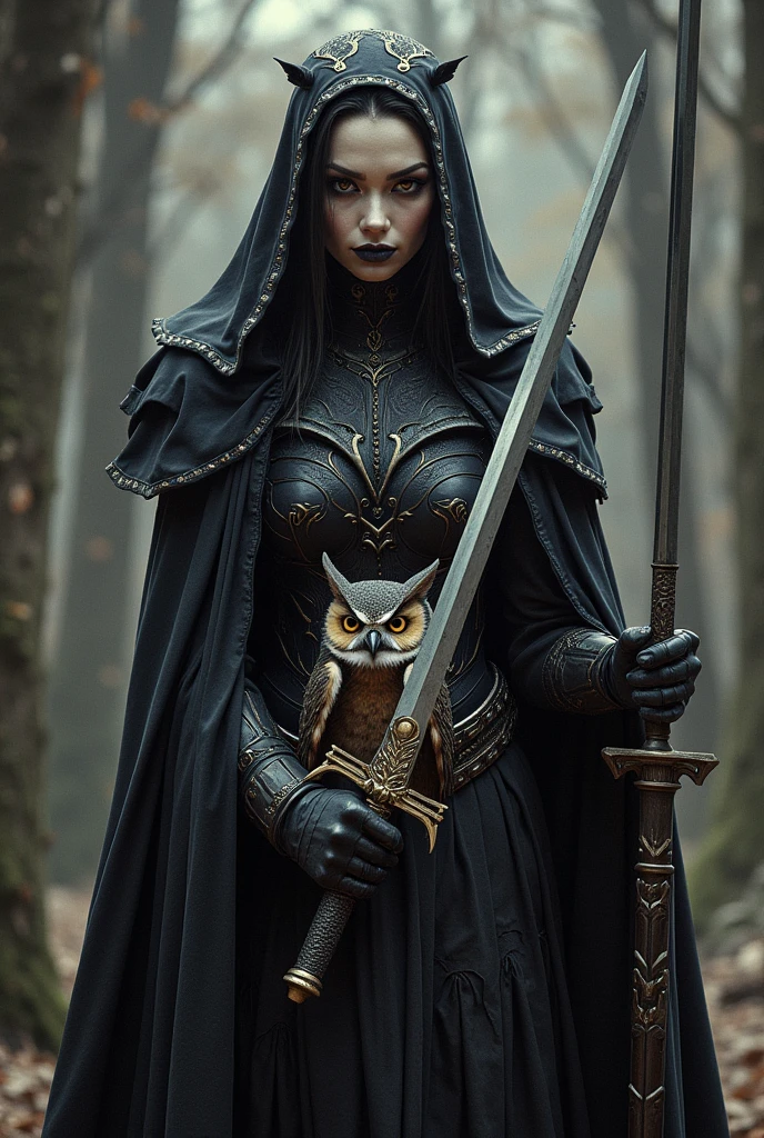 Demonia with sword owl and wolf