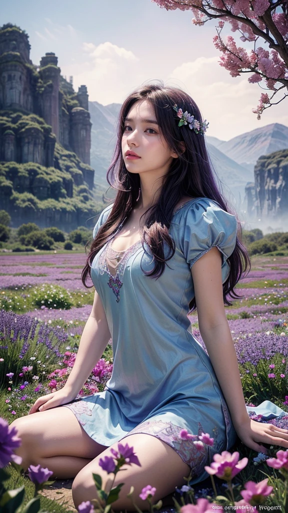 purple and blue photograph of a woman sitting in a field of flowers, beautiful fantasy art, very beautiful fantasy art, digital art fantasy, digital art fantasy art, fantasy beautiful, fantasy digital art, ethereal fantasy, fantasy fairytale story, beautiful fantasy maiden, fairy atmosphere, fantasy art, colorfull digital fantasy art, beautiful fantasy, fantasy woman, beautiful fantasy art portrait