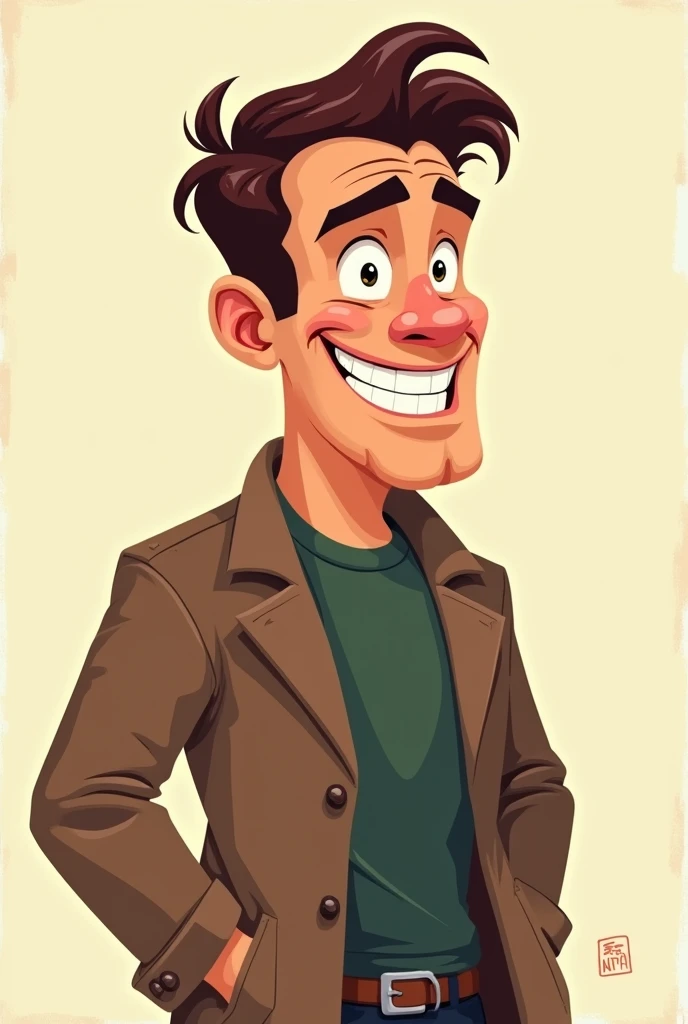 A man with a lift of his chin and a grin on his face with a coat sitting[ cartoon ]
