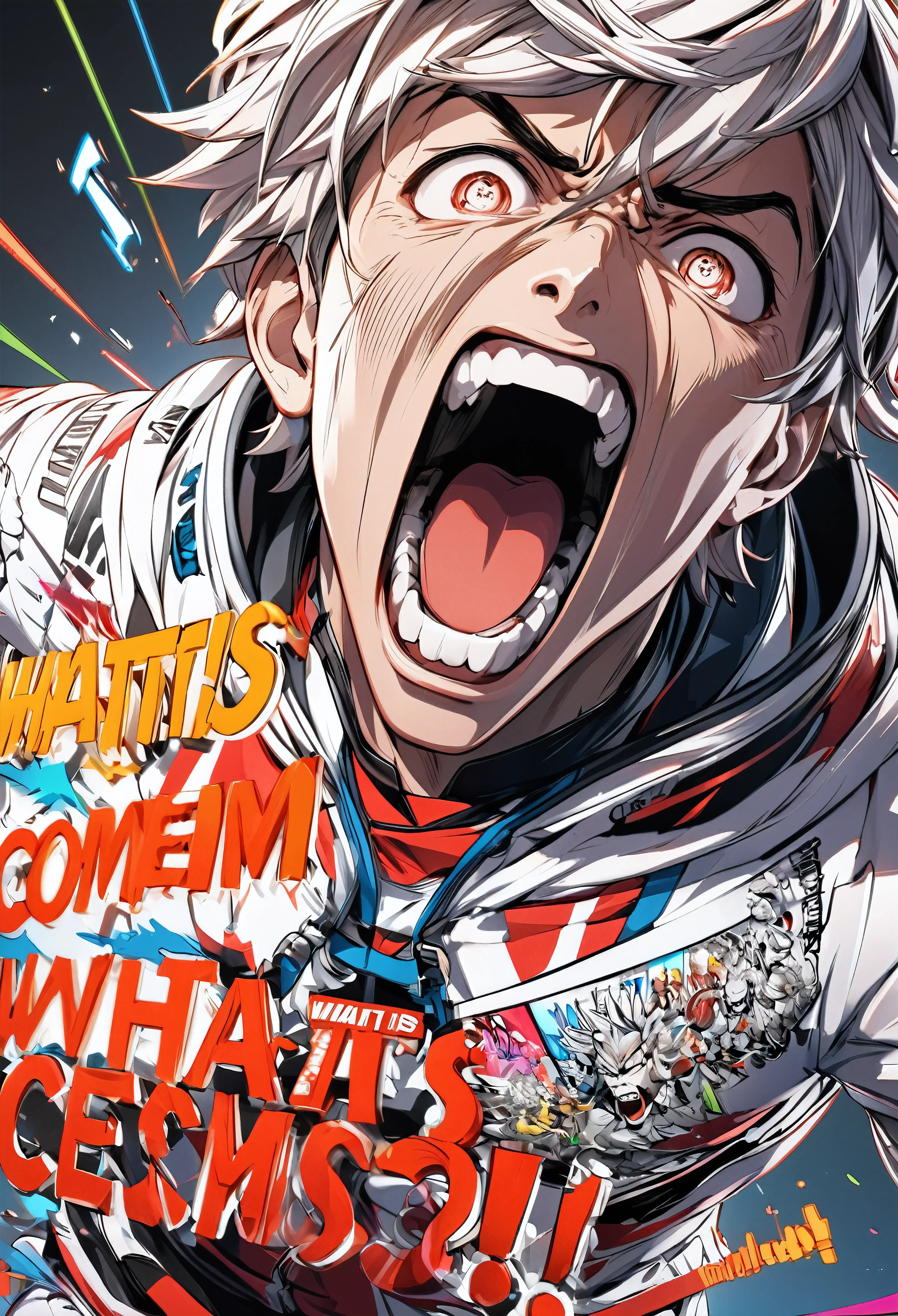 Attractive male athlete screaming！, Voices that materialize, (text:What is meme~!?), Extruded into line art, 3D Characters, Words are output as text, Character Front, Vivid full-color CG, Communicate the screams of your subjects, multicolor. Illustration, (text:What is meme~!?) The letters are coming closer! Powerful characters, 