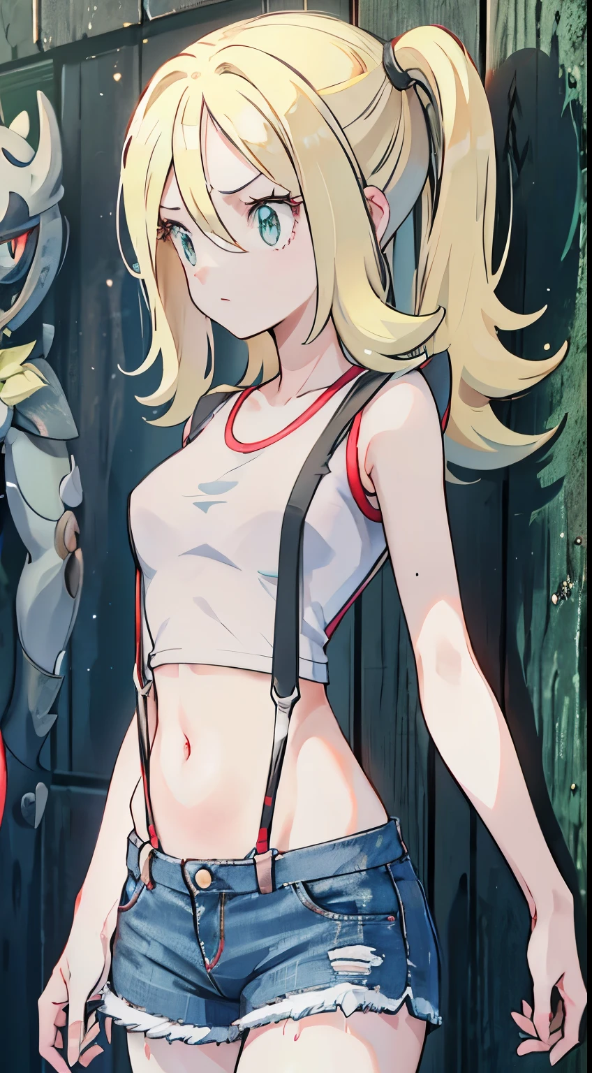 work of art,high resolution,8k,detailed anatomy
(misty_Pokémon)(1 18 year old girl)
(Short Berry,hair blonde ,hair from one side up,big green eyes,breasts small,skinny)
(yellow sleeveless t-shirt,exposed belly button,hot jeans,red suspenders,tennis)
I can feel the spirit in my eyes.