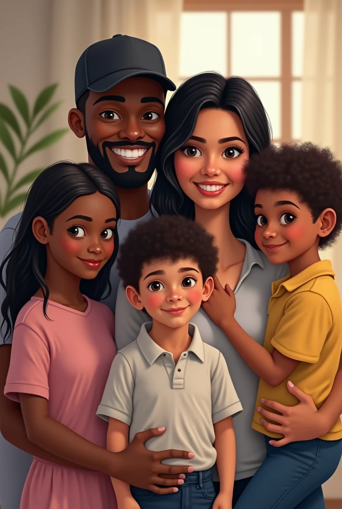 An adult white woman with medium straight black hair, A black father in a black cap, with a white boy with curly black hair in her arms. A young brunette daughter with curly hair on the left side, and another young white daughter with straight black hair, on the right side, happy