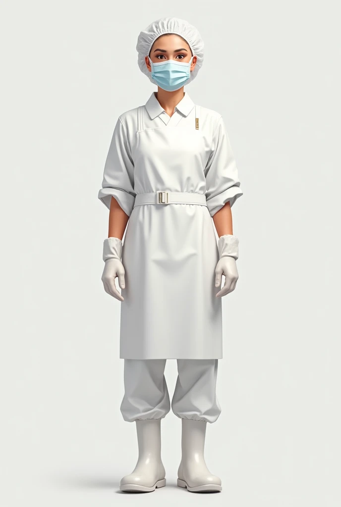 In 2d a lady with an apron, disposable cap, White uniform, gloves, face mask, Boots, of food industry without hair