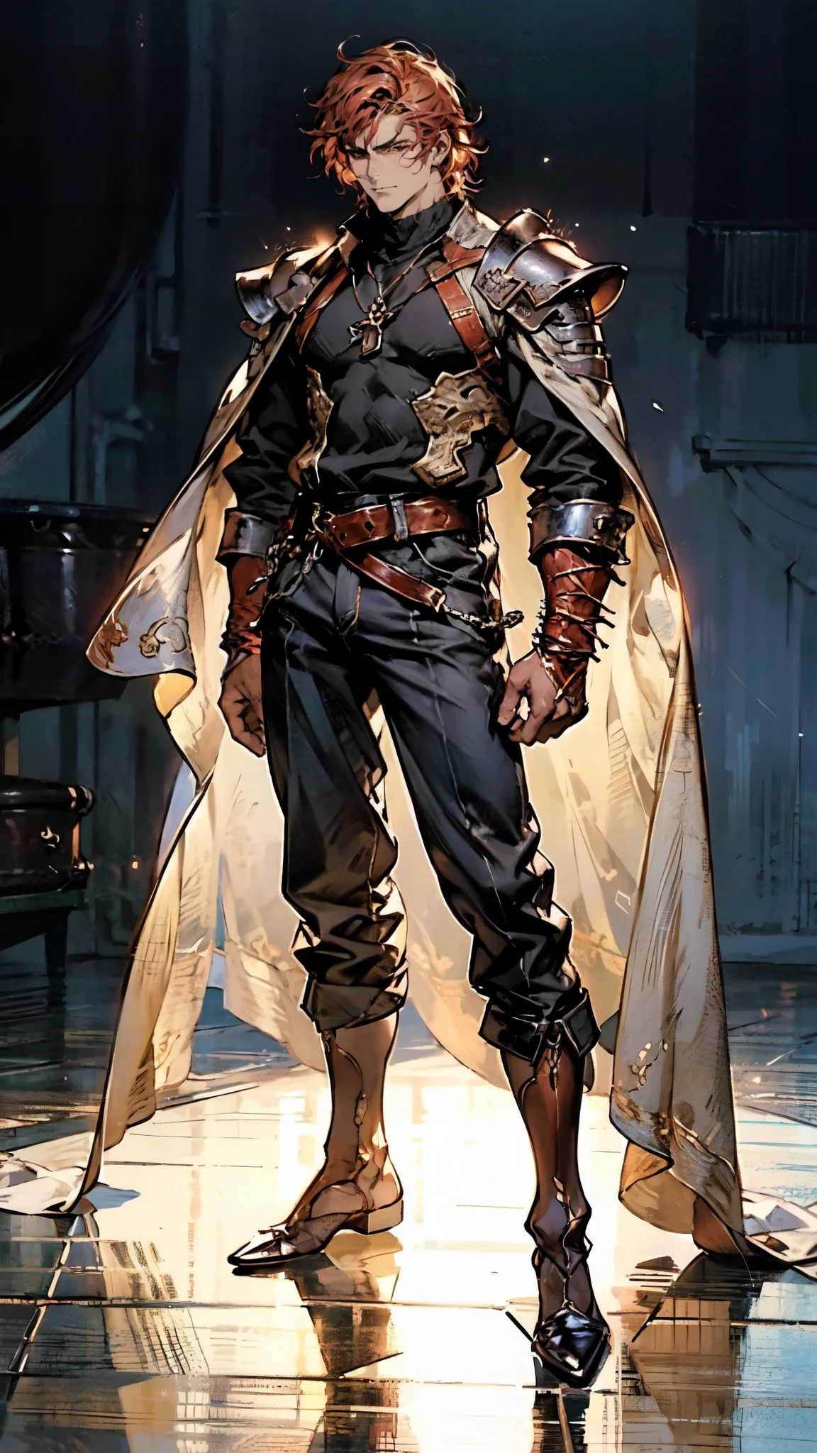 (masterpiece:1.2, best quality:1.2, extremely delicate:1.2), ((male:1.5)), a man with spiky short orange-red hair, side-parted bangs, a calm gaze, a faint smile, a mature and handsome face, dark skin, a tall and muscular build, a bare upper body, several strips of leather armor wrapped around his left shoulder and chest, wrist guards, loose beige cargo pants, standing in a massive circular arena, this character embodies a finely crafted fantasy-realist style gladiator in anime style, exquisite and mature manga art style, dramatic, high definition, highres, ultra-detailed, ultra-fine painting, professional, perfect body proportions, golden ratio, anatomically correct, symmetrical face, extremely detailed eyes and face, high quality eyes, creativity, RAW photo, UHD, 32k, Natural light, cinematic lighting, (masterpiece-anatomy-perfect:1.2)