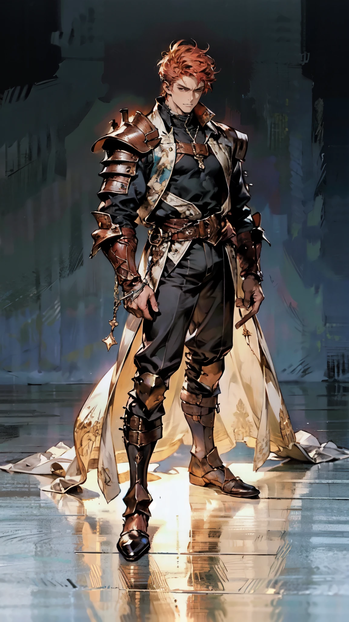 (masterpiece:1.2, best quality:1.2, extremely delicate:1.2), ((male:1.5)), a man with spiky short orange-red hair, side-parted bangs, a calm gaze, a faint smile, a mature and handsome face, dark skin, a tall and muscular build, a bare upper body, several strips of leather armor wrapped around his left shoulder and chest, wrist guards, loose beige cargo pants, standing in a massive circular arena, this character embodies a finely crafted fantasy-realist style gladiator in anime style, exquisite and mature manga art style, dramatic, high definition, highres, ultra-detailed, ultra-fine painting, professional, perfect body proportions, golden ratio, anatomically correct, symmetrical face, extremely detailed eyes and face, high quality eyes, creativity, RAW photo, UHD, 32k, Natural light, cinematic lighting, (masterpiece-anatomy-perfect:1.2)