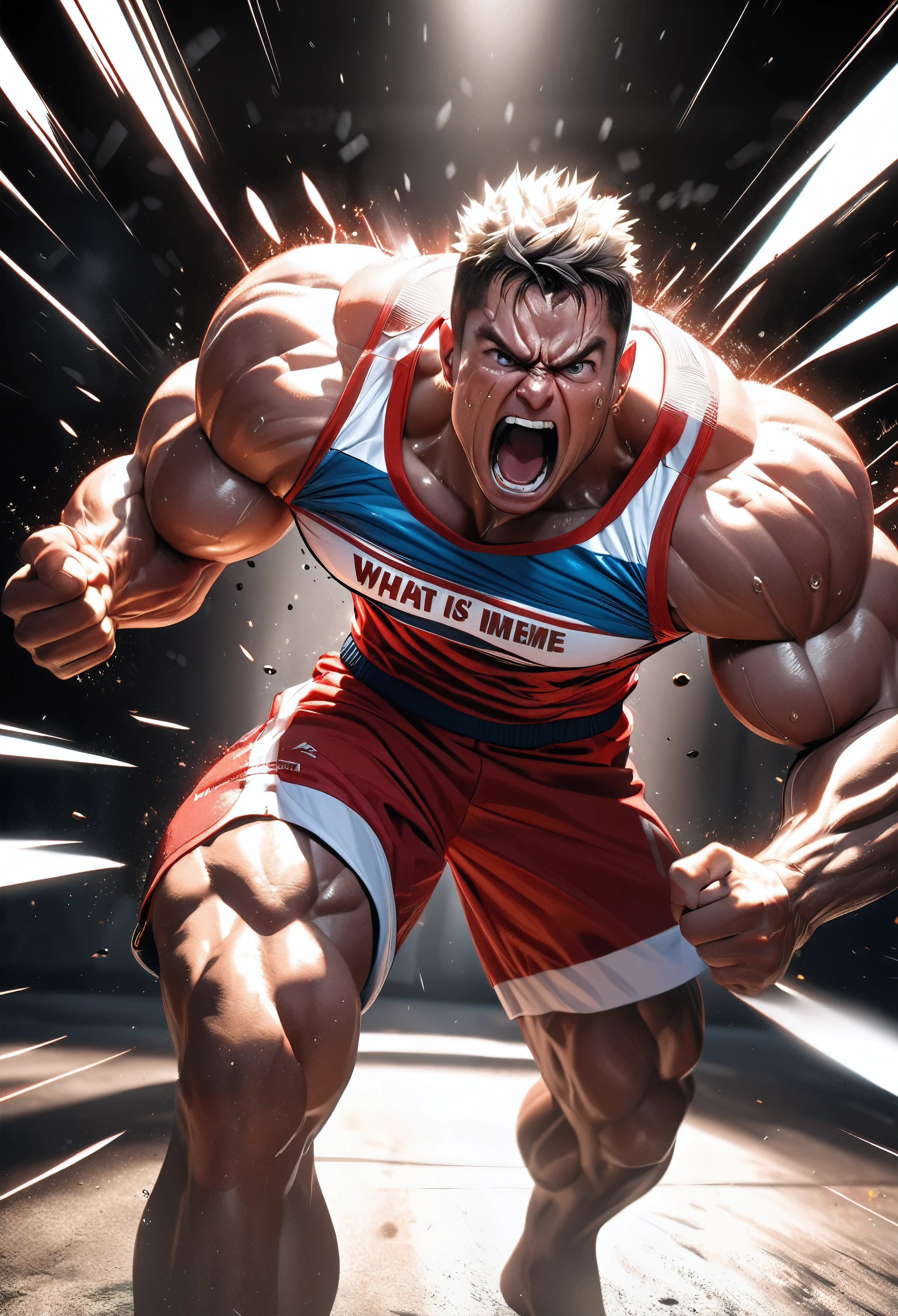 a muscular male athlete shouting, a powerful voice materializing, 3D text, words outputting as text, text on the front line, vibrant full color CGI, conveying the subject's cry, multicolor illustration, the text "What is meme~!?" aggressively approaching, impactful text, dramatic lighting, highly detailed, cinematic composition, dynamic pose, muscular physique, sweat, motion blur, expressive face, open mouth, vein popping, intense expression, sports uniform, highlighting athletic prowess, dramatic shadows, high contrast, gritty textures, digital art