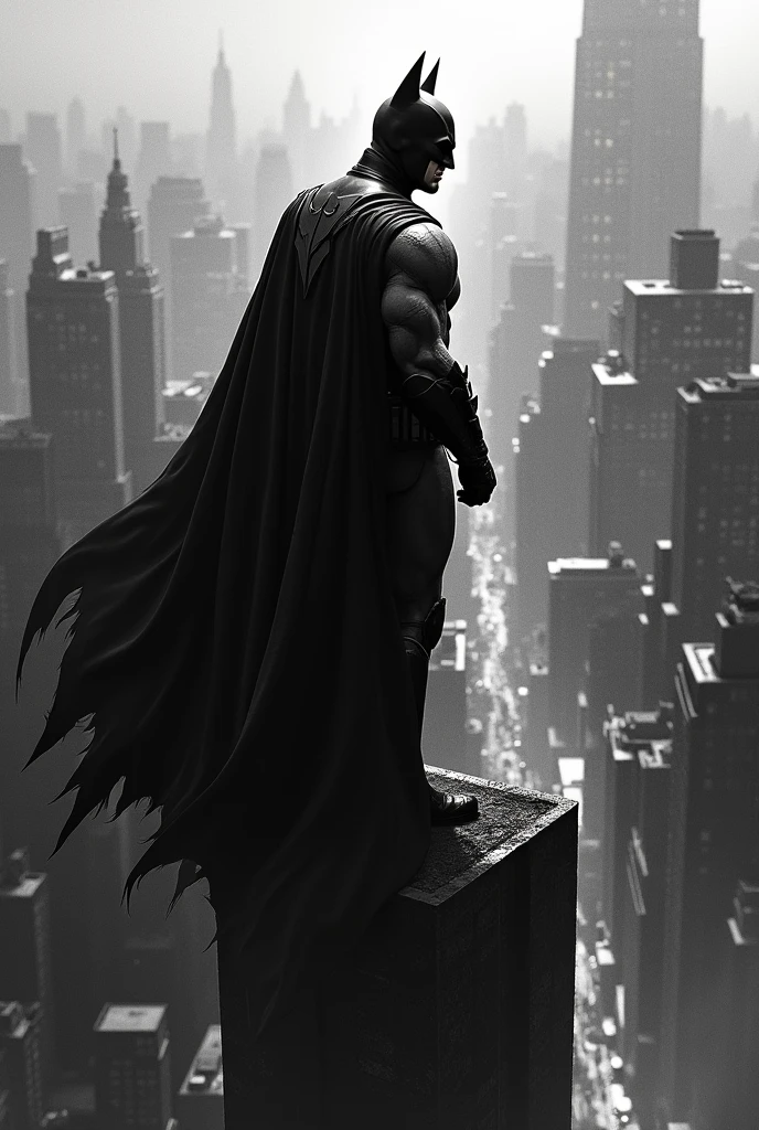 Make Batman stand on top of a building looking out over the city,I want the image in black and white