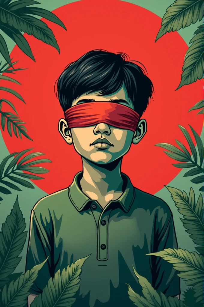 This image features the name "Name" along with a symbolic representation related to Bangladesh. The background and colors used in the illustration resemble the Bangladeshi flag, suggesting a theme of national significance. The image of the boy with a blindfold could represent themes of awareness, freedom, or a call to open one's eyes to certain issues.