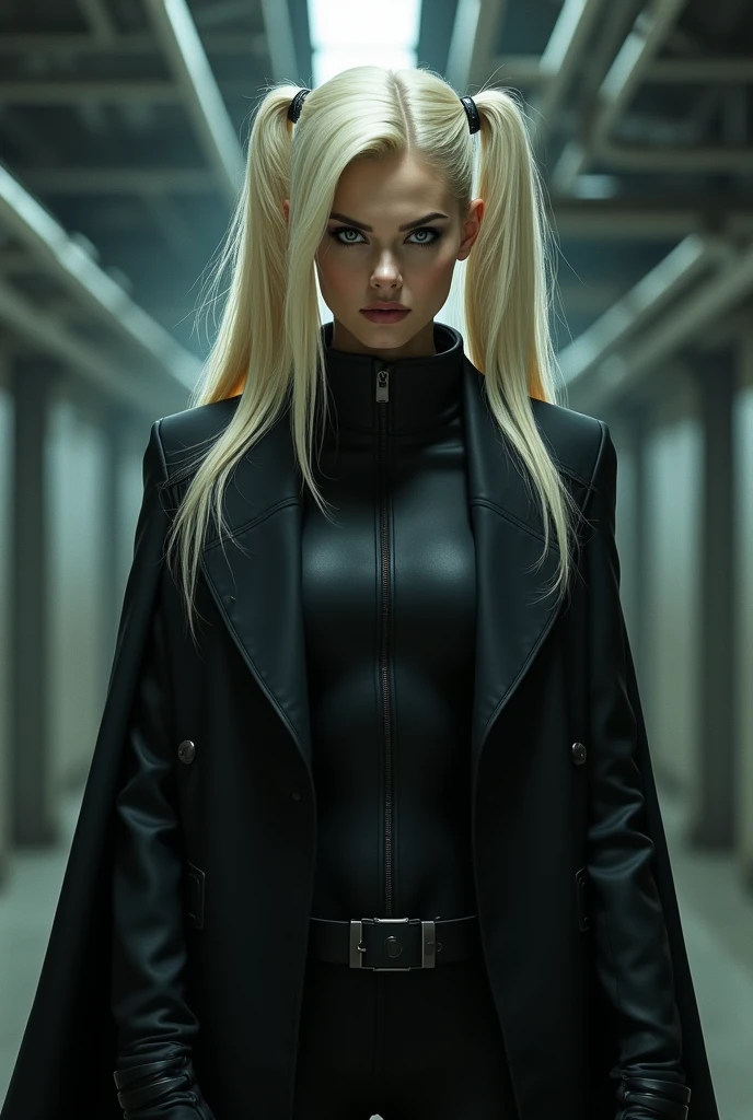 Dr. Ivo Robotnik's partner, Russian blonde with pigtail in coat, serious,from the movie "Sonic the Hedgehog"