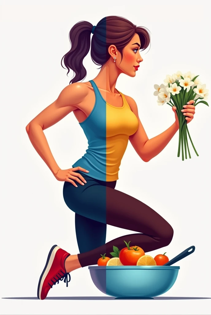 Logo for Instagram account, woman doing exercises, the other half the woman cooking, uses color psychology to make it more attractive to people, that draws attention,vector, Digital art