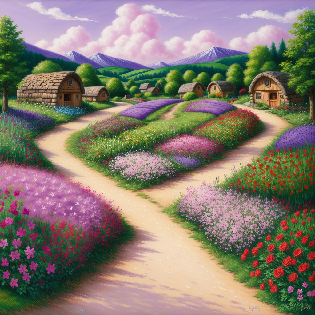  Colorful roses, bright colors, a small village far away, lots of roses on the ground, spring weather, bright sun, dense forest, hobbit houses, butterfly painting, lots of details, purple sky, intermittent clouds, lilac roses, night, road lamps