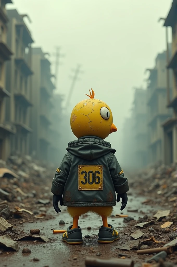 The character Calimero in a post apocalyptic world with a jacket bearing the number 306