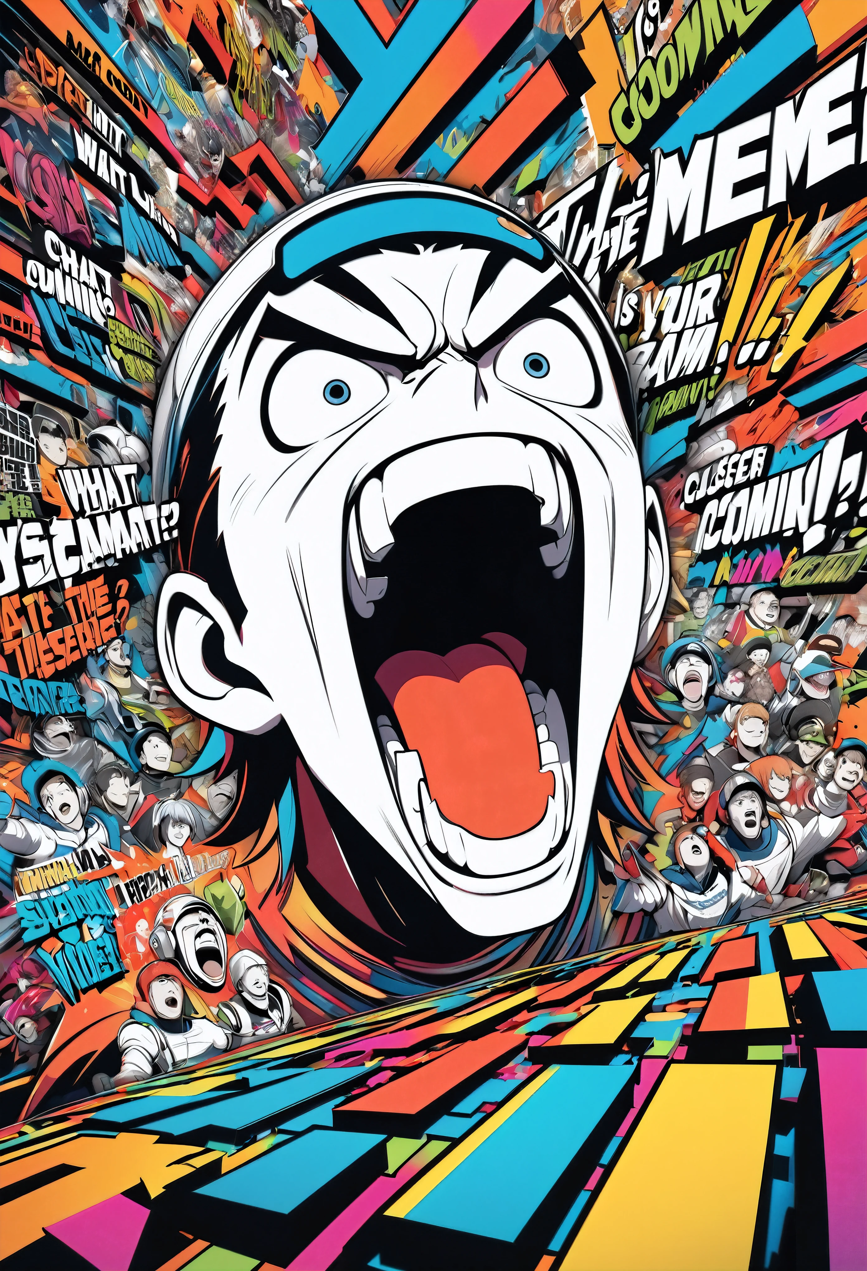 Attractive male athlete screaming！, Voices that materialize, (text:What is meme?), Extruded into line art, 3D Characters, Words are output as text, Character Front, Vivid full-color CG, Communicate the screams of your subjects, multicolor. Illustration, (text:What is meme~!?) The letters are coming closer! Powerful characters, 