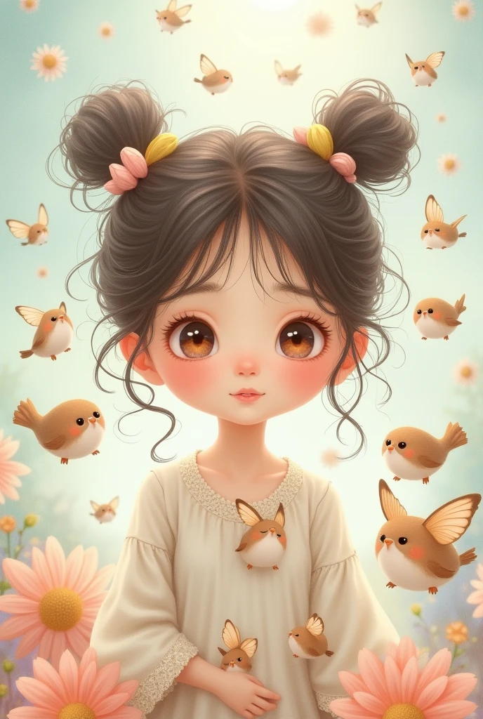 Create a cute girl. Animals should float around her.