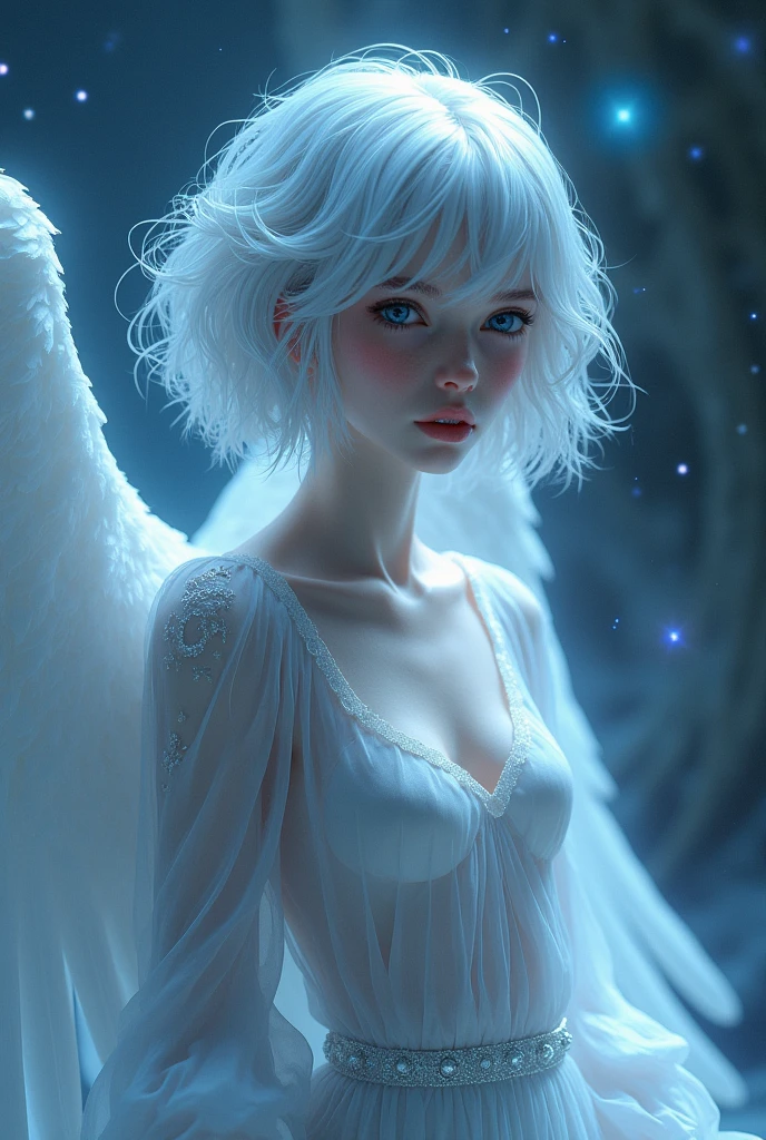half angel, wingless, abyssal blue eyes, short shiny silver hair