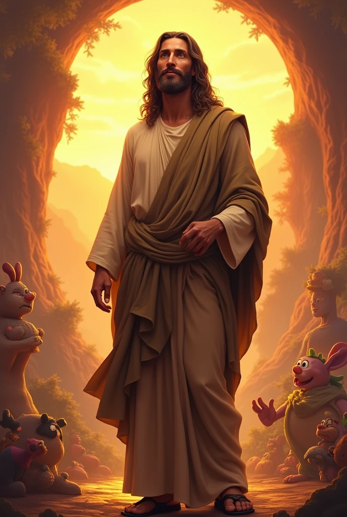 Create a full-length standing image of Jesus with a smiling face against a glowing background in the shape of Disney cartoons