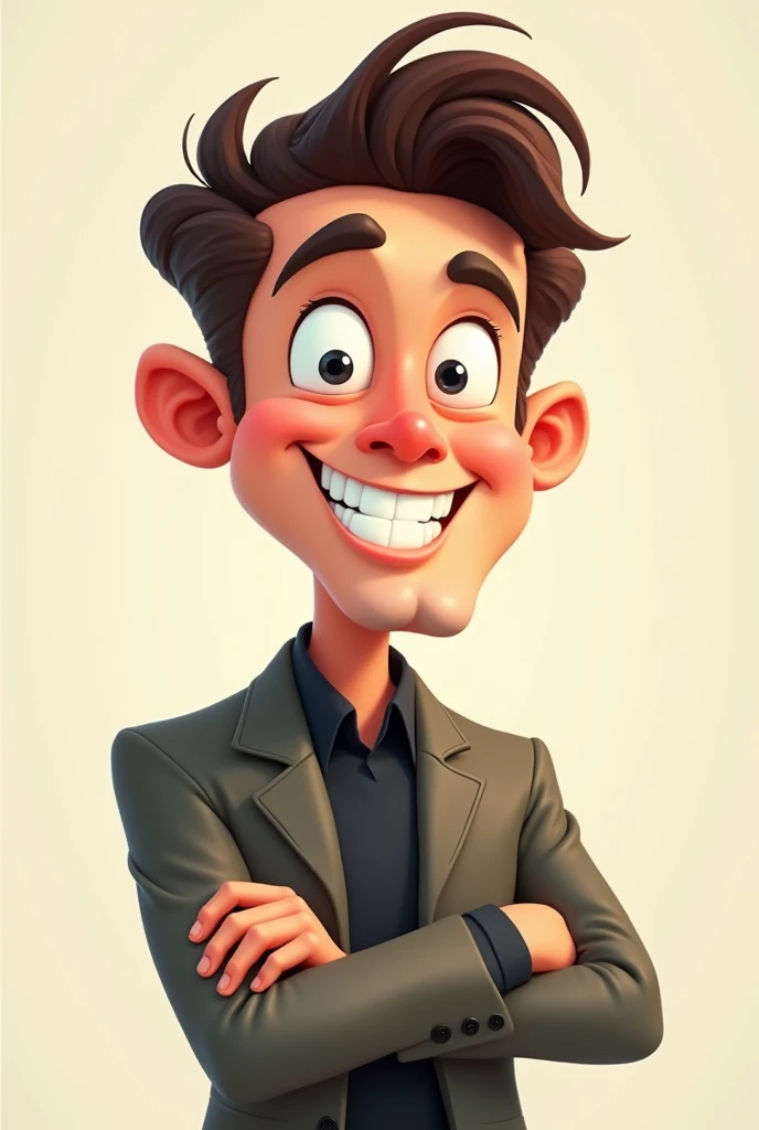 A man with a lift of his chin and a grin on his face with a coat sitting[ cartoon ]
