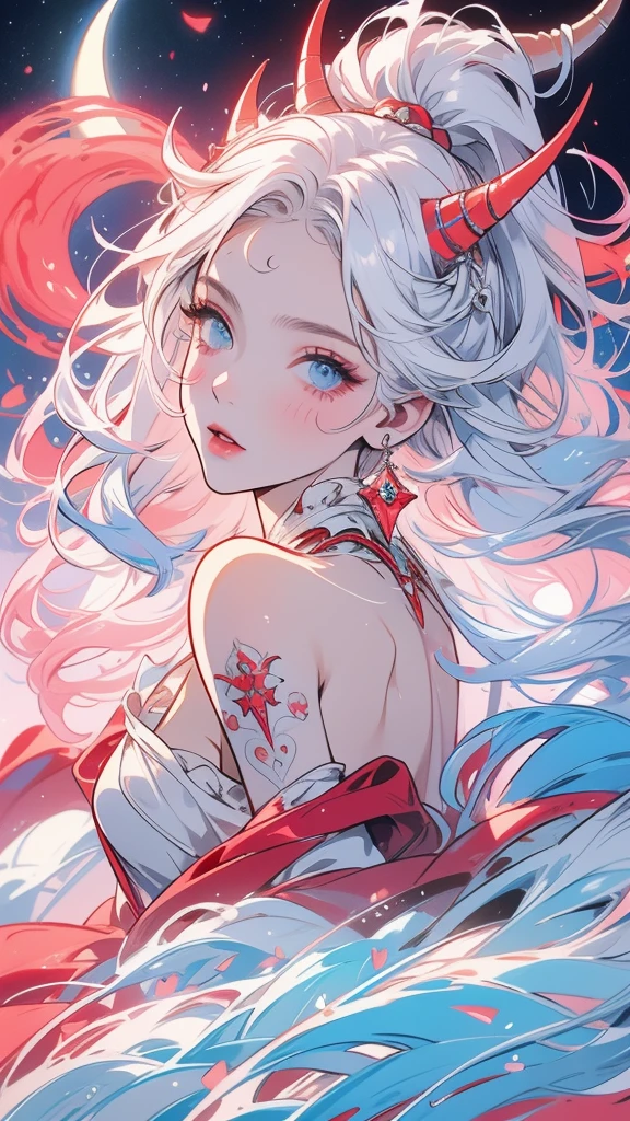 20-year-old girl, white hair with gently coral tips, straight horns with a gradient from crimson to blue tips, blue eyes from above and pink from below, cat pupils, red eyeliner, hourglass figure, tattoo line black on the left shoulder sun with a crescent moon inside