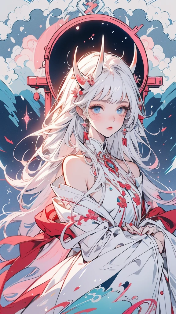 20-year-old girl, white hair with gently coral tips, straight horns with a gradient from crimson to blue tips, blue eyes from above and pink from below, cat pupils, red eyeliner, hourglass figure, tattoo line black on the left shoulder sun with a crescent moon inside