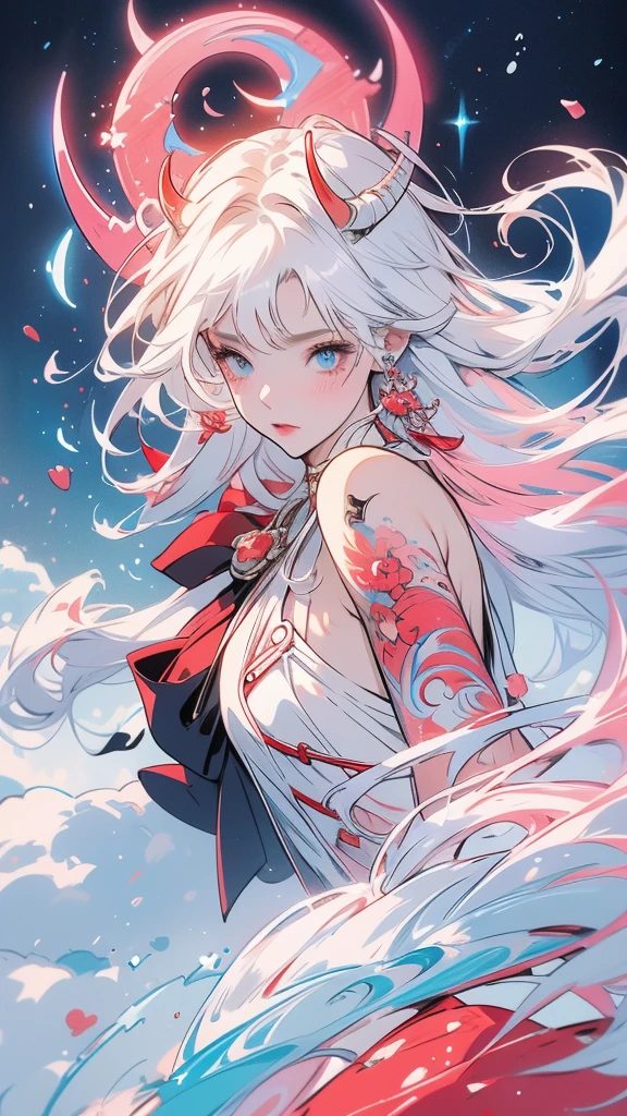 20-year-old girl, white hair with gently coral tips, straight horns with a gradient from crimson to blue tips, blue eyes from above and pink from below, cat pupils, red eyeliner, hourglass figure, tattoo line black on the left shoulder sun with a crescent moon inside