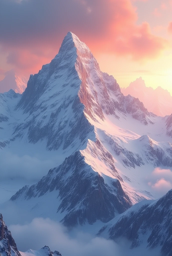 snow-covered mountain peaks at sunset