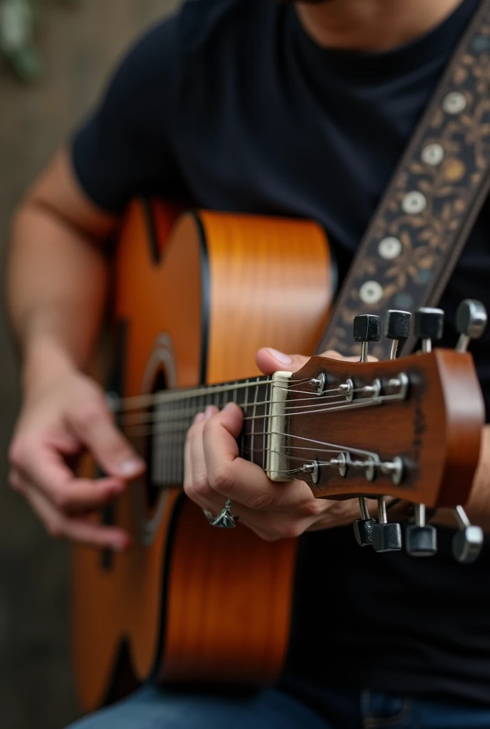 Create an image of a person having difficulty playing the guitar