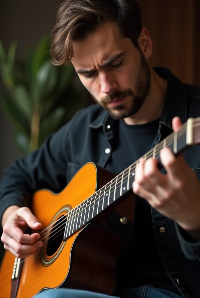 Create an image of a person having difficulty playing the guitar