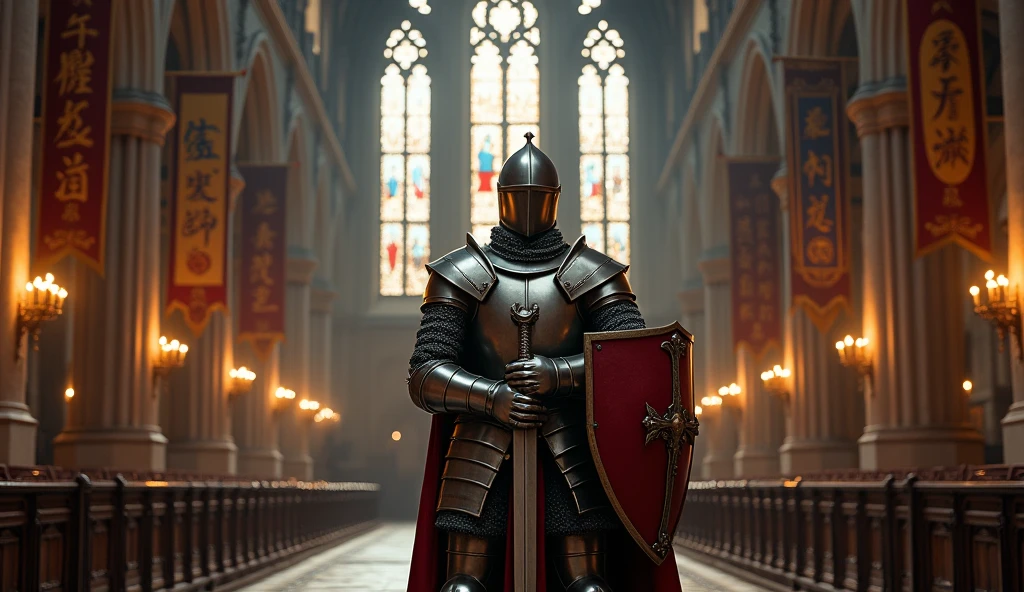 A majestic medieval cathedral with towering arches and stained glass windows. In the foreground, a knight in shining armor stands proudly, holding a sword and shield. The cathedral's interior is adorned with banners and candles, casting a warm, golden light on the knight.