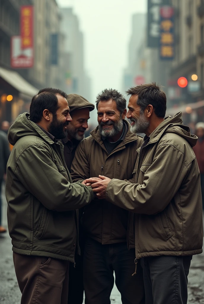 A men huddles together on a busy street corner, sharing stories and despite their worn clothes and the harsh surroundings.