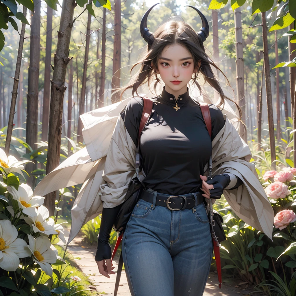 ((best quality)), ((masterpiece)), (detailed), 1 women pornstar elf dark knight, 8k_wallpaper, extremely detailed eyes, (large masterpiece digital art), (intricate details:1.3 ), (ultra-detailed:1.3), (sharp focus:1.3), (natural lighting:1.05), (vivid colors:1.3), (best quality:1.4), high quality, expressive eyes, full body, detailed face, beautiful face, perfect face, ((hair sandy white curls)), ((indigo horns)), (gold eyes), {{dark skin}}, ({dark skinned female}), big breasts, huge chest, powerful relief muscles of the abdomen and legs, powerful strong muscles of the arms, cruel predatory and cold-blooded arrogant look and smile, a green coat with a white fur collar, a wide red belt with a large steel yarn, gold-colored steel shoulder pads in the shape of a dragon's head, red leather gloves, a quiver of arrows and a hiking backpack, walking along a path against the backdrop of a field of blooming flowers and a forest,