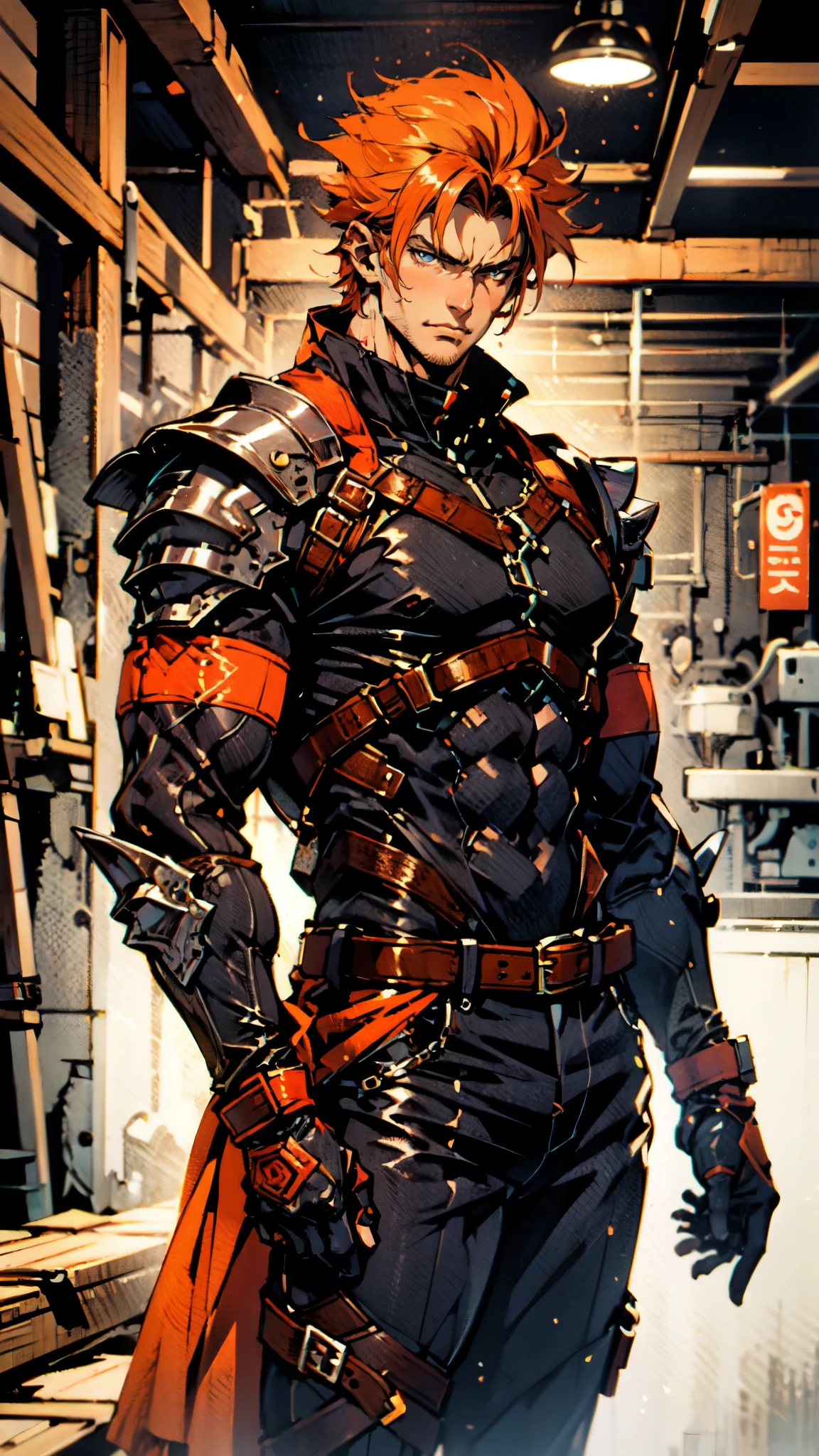 (masterpiece:1.2, best quality:1.2, extremely delicate:1.2), ((male:1.5)), a man with spiky short orange-red hair, side-parted bangs, a calm gaze, a faint smile, a mature and handsome face, dark skin, a tall and muscular build, a bare upper body, several strips of leather armor wrapped around his left shoulder and chest, wrist guards, loose beige cargo pants, standing in a massive circular arena, this character embodies a finely crafted fantasy-realist style gladiator in anime style, exquisite and mature manga art style, dramatic, high definition, highres, ultra-detailed, ultra-fine painting, professional, perfect body proportions, golden ratio, anatomically correct, symmetrical face, extremely detailed eyes and face, high quality eyes, creativity, RAW photo, UHD, 32k, Natural light, cinematic lighting, (masterpiece-anatomy-perfect:1.2)