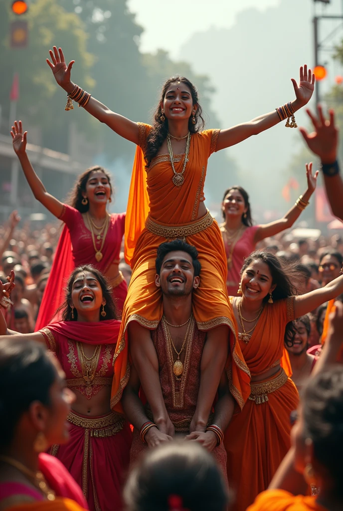 Indian women sit on boys shoulder in concert