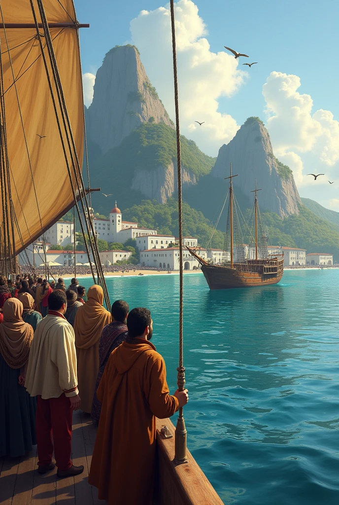 Lebanese arriving in Angra dos Reis by ship with a view of the Carmo Convent 