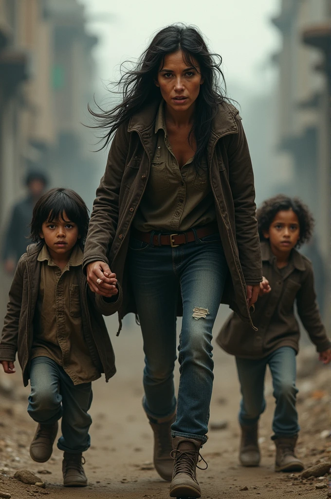 Create a picture where a woman with 3 children escapes