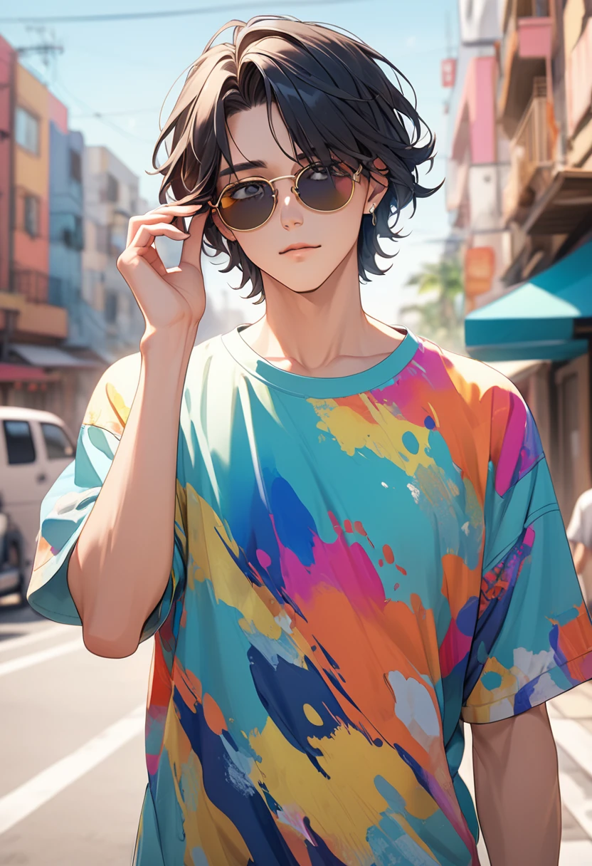 16-year-old boy, Warm Skin, Grey Eyes, Mature Face, Upper body from the waist up, short hair, Gold and black mixed hair color, Focus on the face, Peeking through sunglasses, Casual clothing, Accessories not included, Flashy summer clothes, A baggy shirt with colorful paint on it, Highest quality, Very detailed, Urban Background