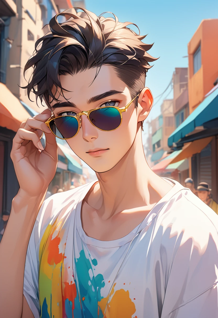 16-year-old boy, Warm Skin, Grey Eyes, Mature Face, Upper body from the waist up, short hair, Gold and black mixed hair color, Focus on the face, Peeking through sunglasses, Casual clothing, Accessories not included, Flashy summer clothes, A baggy shirt with colorful paint on it, Highest quality, Very detailed, Urban Background